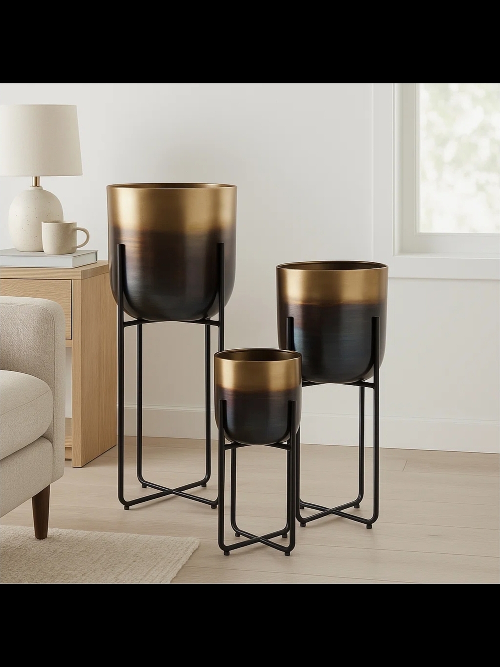 Gold Ombre Metal Planter Set with Black Stands NWT